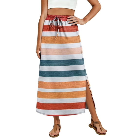 Womens Striped Print Maxi Skirt High-waisted Drawstring Swing Mid-length Side Slits Boho Beach Vacation Long Skirts Red 2XL
