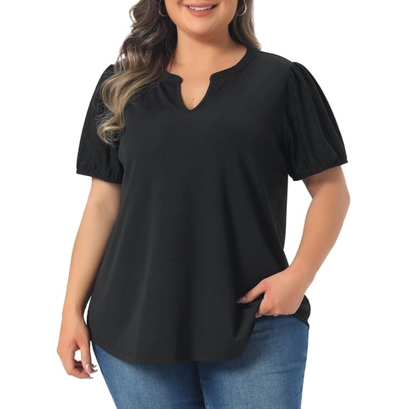 DARING DIVA Women's Plus V Neck Puff Sleeve Tops Blouse 1X Black