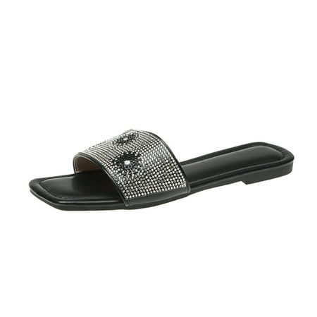 OJSFQUFP Womens Summer Slippers Ladies Fashion Summer Rhinestone Decorative Leather Open Toe Flat Bottom Slippers Slipper Shoes for Women Black 41