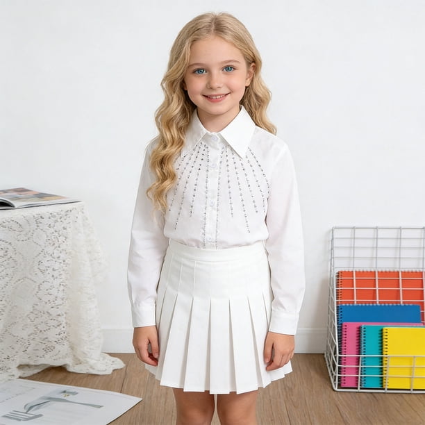 Blusas y camisas de manga larga con cuello redondo Camisa de manga larga con cuello de diamantes de imitación para niñas y niños de escuelas secundarias y grandes Blusa para niña