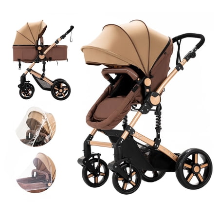 Iris Baby Travel Stroller,2 in 1 Foldable Baby Stroller,Sports High Landscape Pram,Magnesium Alloy Frame,Dining Chair,Beige