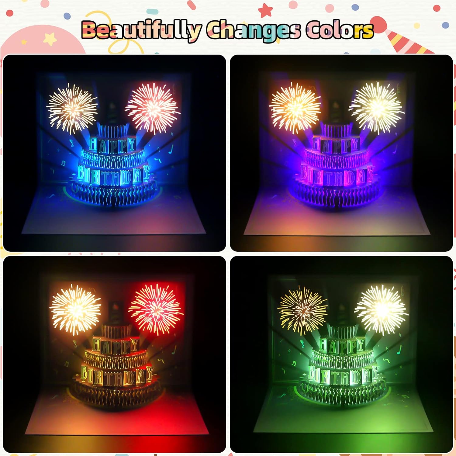 Happy Birthday Cards Fireworks, Lights, Music and Sound Fireworks Cake 3D Pop Up Birthday Cards Gift with Envelope and Note Tag for Women, Men, Kids, Wife, Mom, Husband