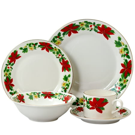 Rim Pasta Plate - Poinsettia Holiday 20 pc Dinnerware Set - Rim Decorated - Fine Ceramic