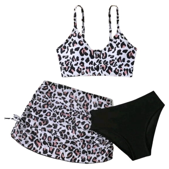Staki Toddler Swim Set Girl's 3 Piece Bikini Swimsuits Printed Bathing Suit Adjustable Shoulder Straps with Cover Up 7Y 8Y 9Y(Black,7-8 Years)