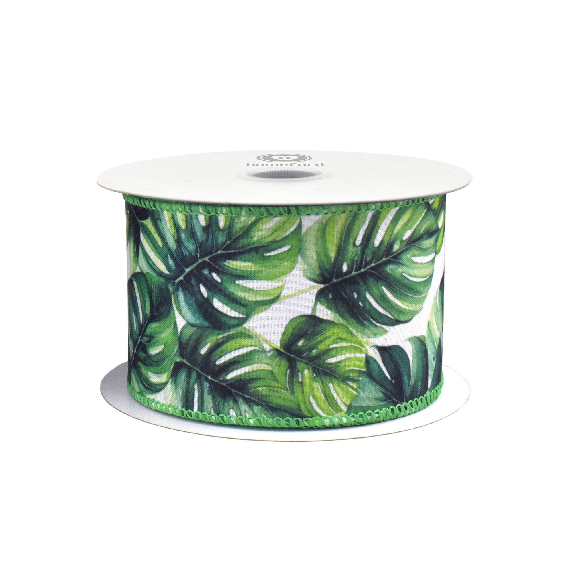 Homeford Summer Lush Monstera Leaves Deluxe Wired Ribbon, 2-1/2-inch, Green/White, 10-yard