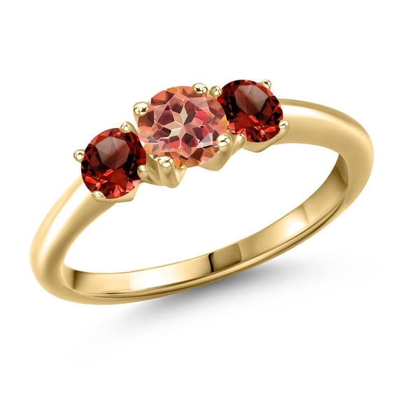 Gem Stone King 10K Yellow Gold Ecstasy Mystic Topaz and Red Garnet Engagement Ring for Women | 1.74 Cttw | Round 5MM | Gemstone November Birthstone | Size 8