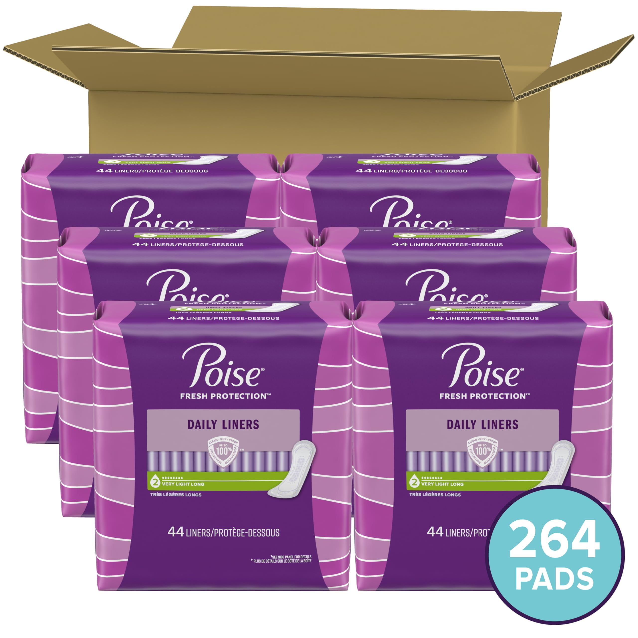 Poise Daily Incontinence Panty Liners, 2 Drop Very Light Absorbency, Long, 264 Count (6 Packs of 44 Pantiliners), Packaging May Vary