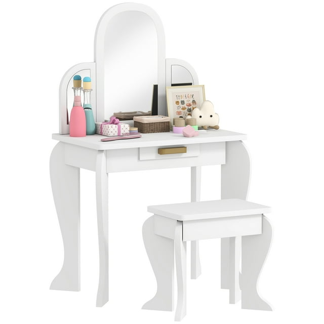 Qaba Ensemble de Coiffeuse avec Tiroir et Chaise pour 3 à 6 Ans, Blanc