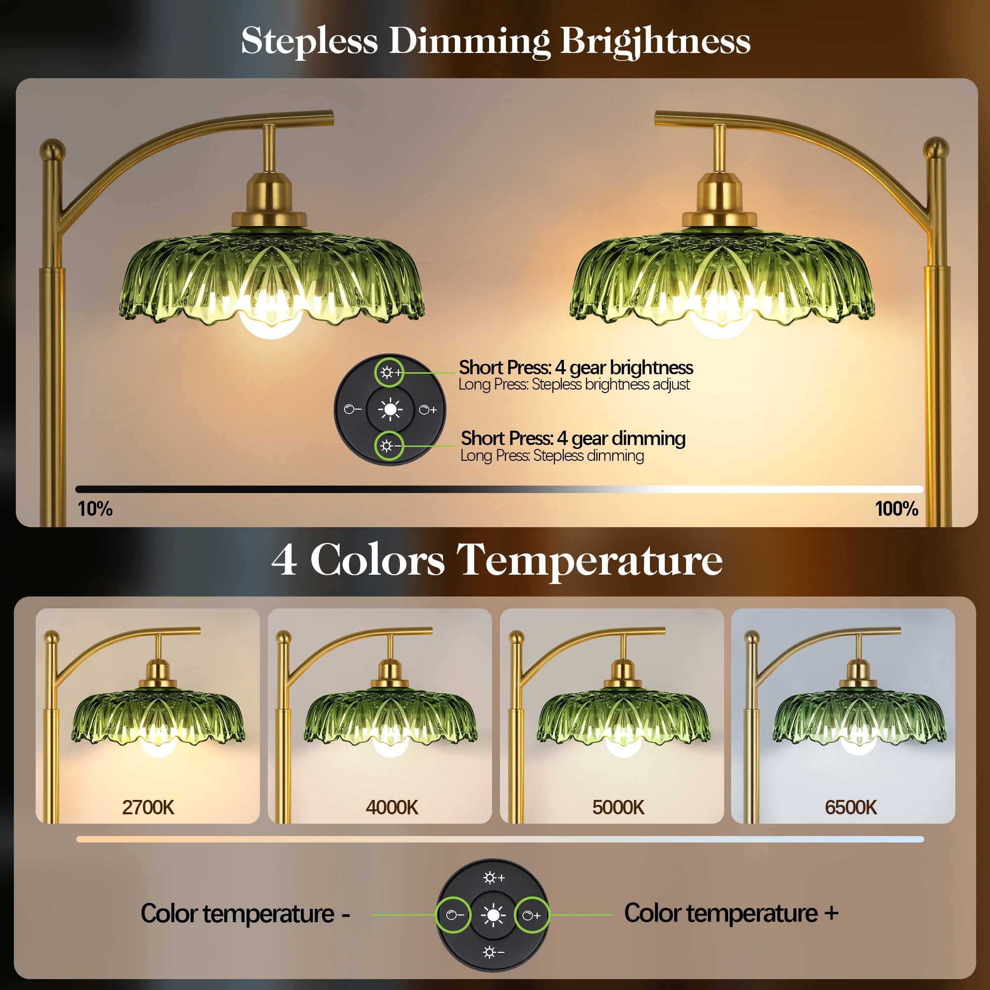 68in Gold Floor Lamp for Living Room Mid Century Modern Standing Lamp with Green Glass Shade, Flower Lamp
