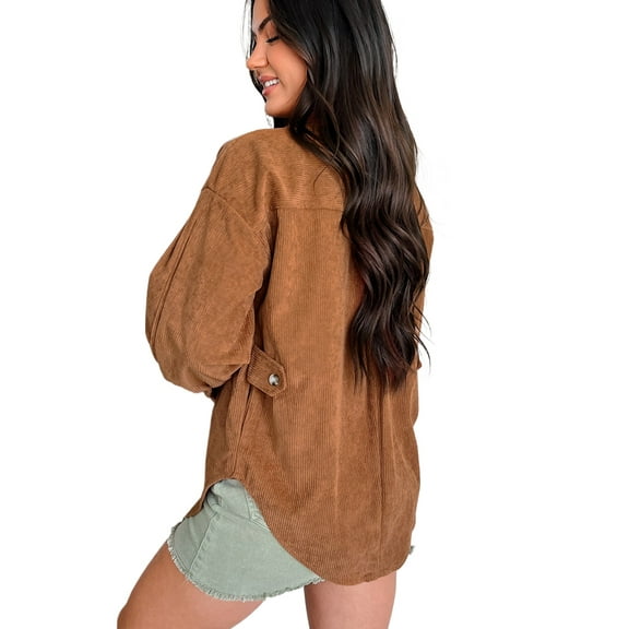 Women's Cinnamon Corduroy Flap Pocket Button Up Shacket with Round Hem | [ZhiHiMeRi] | (US 12-14)L
