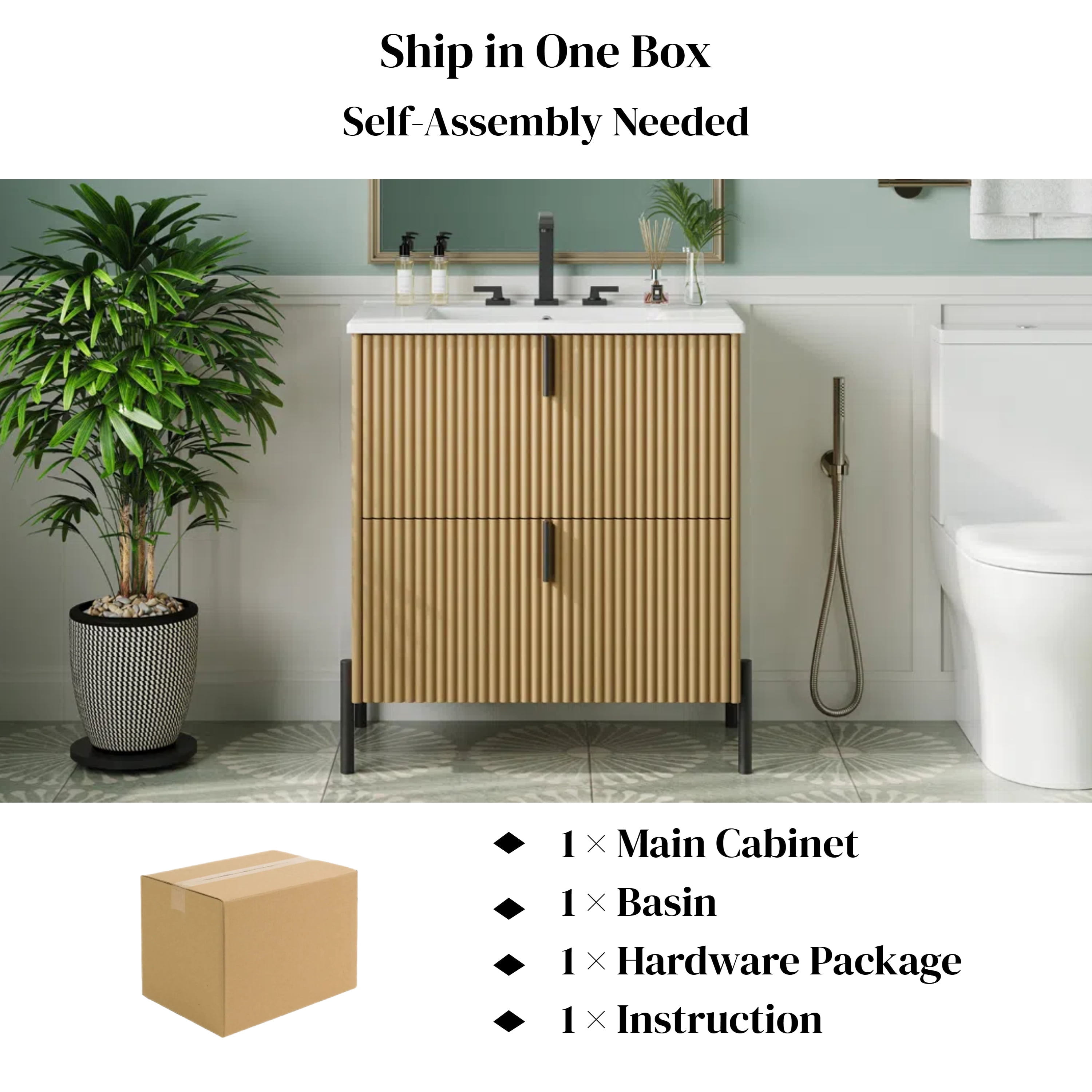 30" Bathroom Vanity with Ceramic Sink, Equipped with Vertical Pulls and Full-Extension Drawers, Freestanding Bathroom Vanity with Soft Close Drawer Slides, Fluted Design, Natural