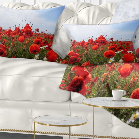 Designart Red Poppies under Bright Blue Sky - Flower Throw Pillow - 12x20