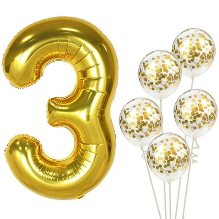 Number 3 and Gold Confetti Balloons - Large, 40 Inch Foiil Gold Balloons | 5 Gold Confetti Balloons, 12 Inch | 3rd Birthday Party Decorations | Party Supplies for Anniversary