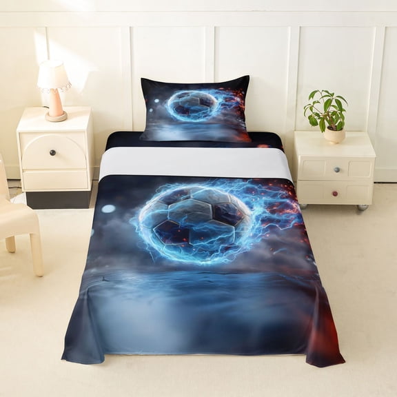 Feelyou Lightning Soccer Twin Sheets for Boys, Blue Fire Football Bedding, 3-Piece, 1 Flat Sheet, 1 Fitted Sheet and 1 Pillowcase