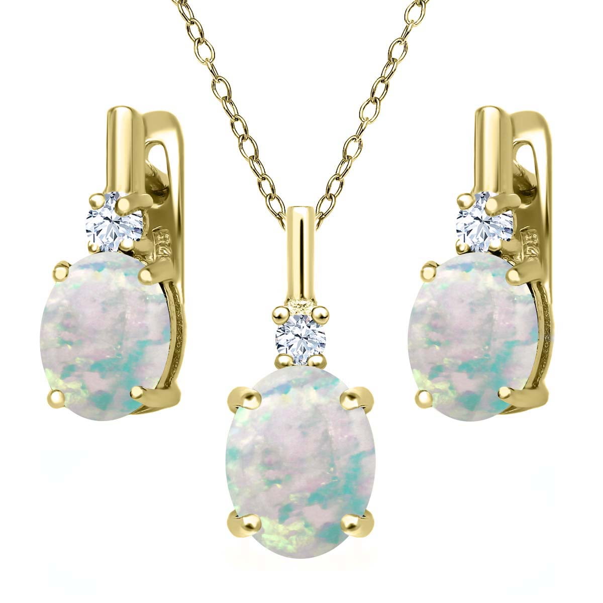 4.85 Ct White Simulated Opal 18K Yellow Gold Plated Silver Pendant Earrings Set by