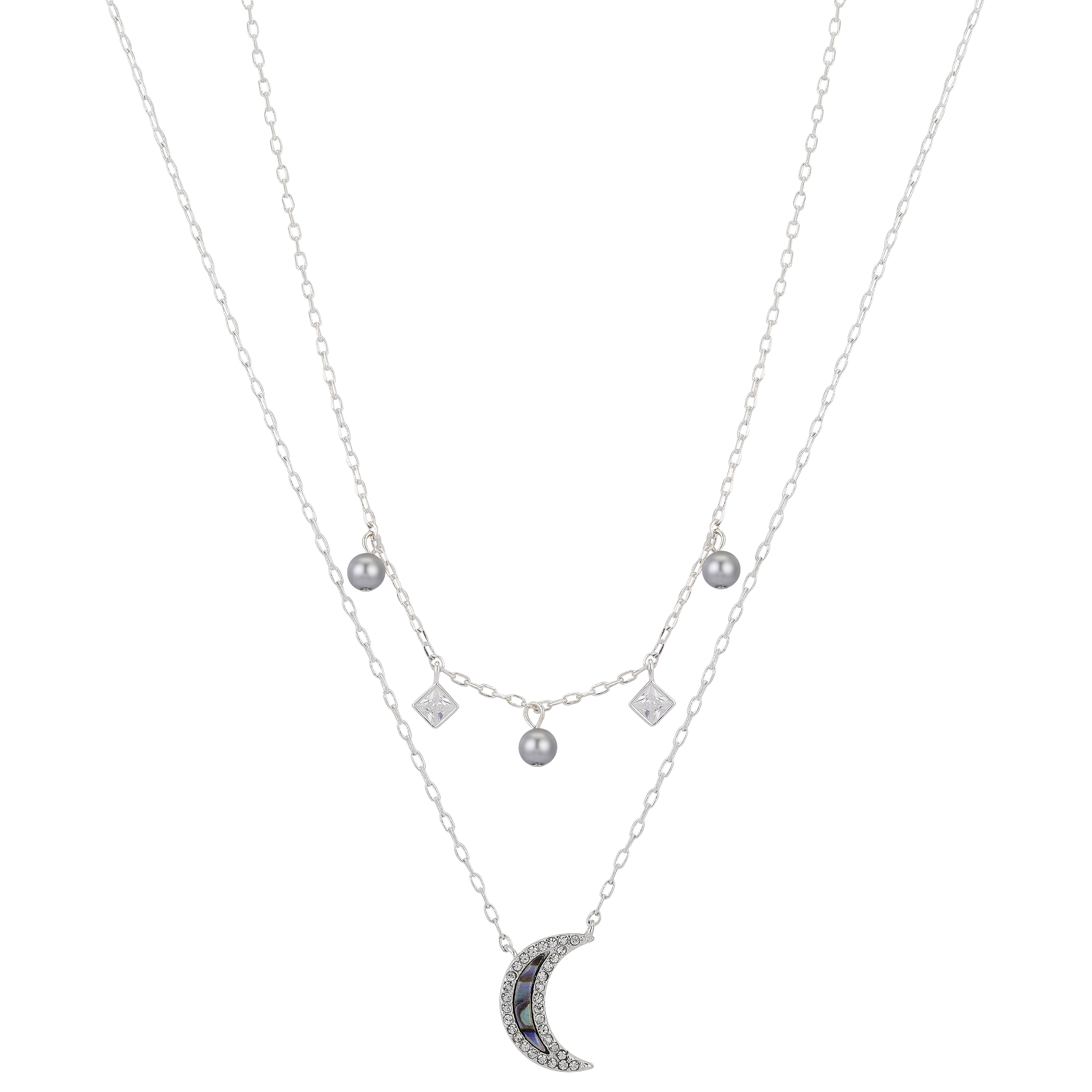 14Kt Gold Flash Plated Cubic Zirconia Abalone Crescent Moon Layered Pendant Set, 16+2' & 18+2'