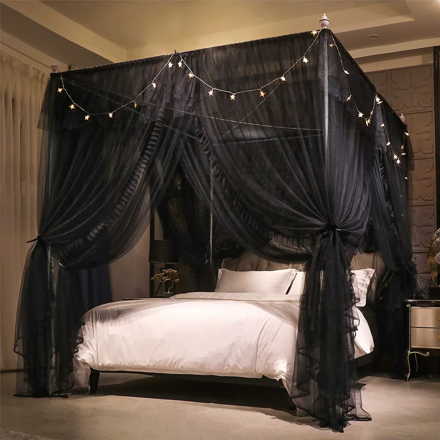 4 Corners Post Ruffle Princess Bed Canopy Curtain-Double Layer Cozy Drape Netting 4 Opening Mosquito Net for Girls Adults Bedroom Decoration (Double-Black,78" W*86" L*82"*H/King)
