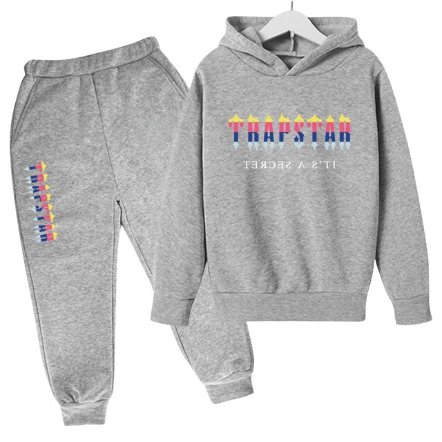 Trapstar Ensembles de Chandails à Capuchon pour Enfants Manches Longues Chandails Graphiques pour Garçons Filles Chandails Amples de Rue Trapstar Chandails + Pantalons de Survêtement Ensemble de 2 Chandails Classiques (Gris Clair, 120)