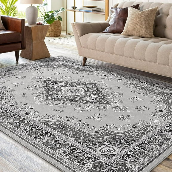 Lochas Soft Vintage Floral Area Rugs Floor Carpet Non Slip Rug for Living Room Bedroom Dining Kitchen Home Decor,9'x11',Gray