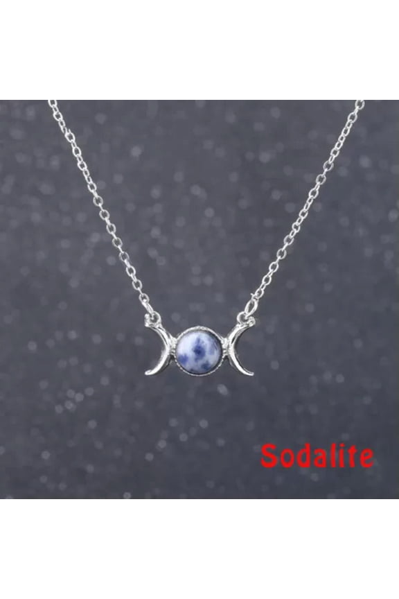 Triple Goddess Moon Pendant Necklace Healing Crystal Natural Stone Sailor Moon-Sodalite