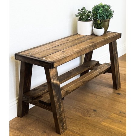 Pine Wood Entryway Bench with Shelf, Dark Brown Finish