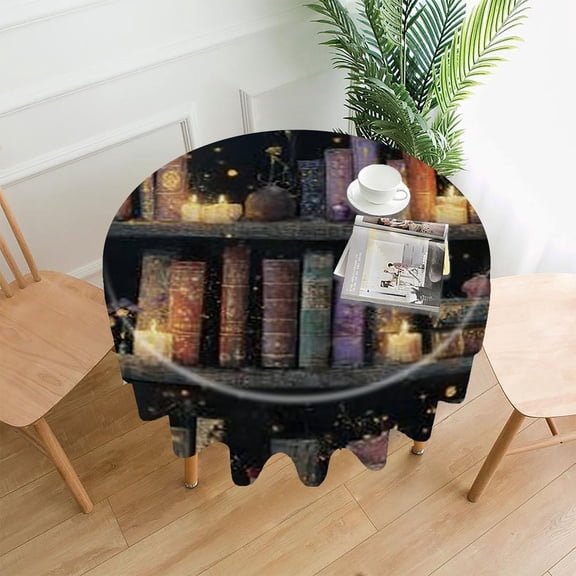 RKSupls 60 Inch Round Tablecloth, Bookshelf Candle Light Premium Polyester Straight Edge Wrinkle Resistant Washable Table Cover for Party Home Dining Decor
