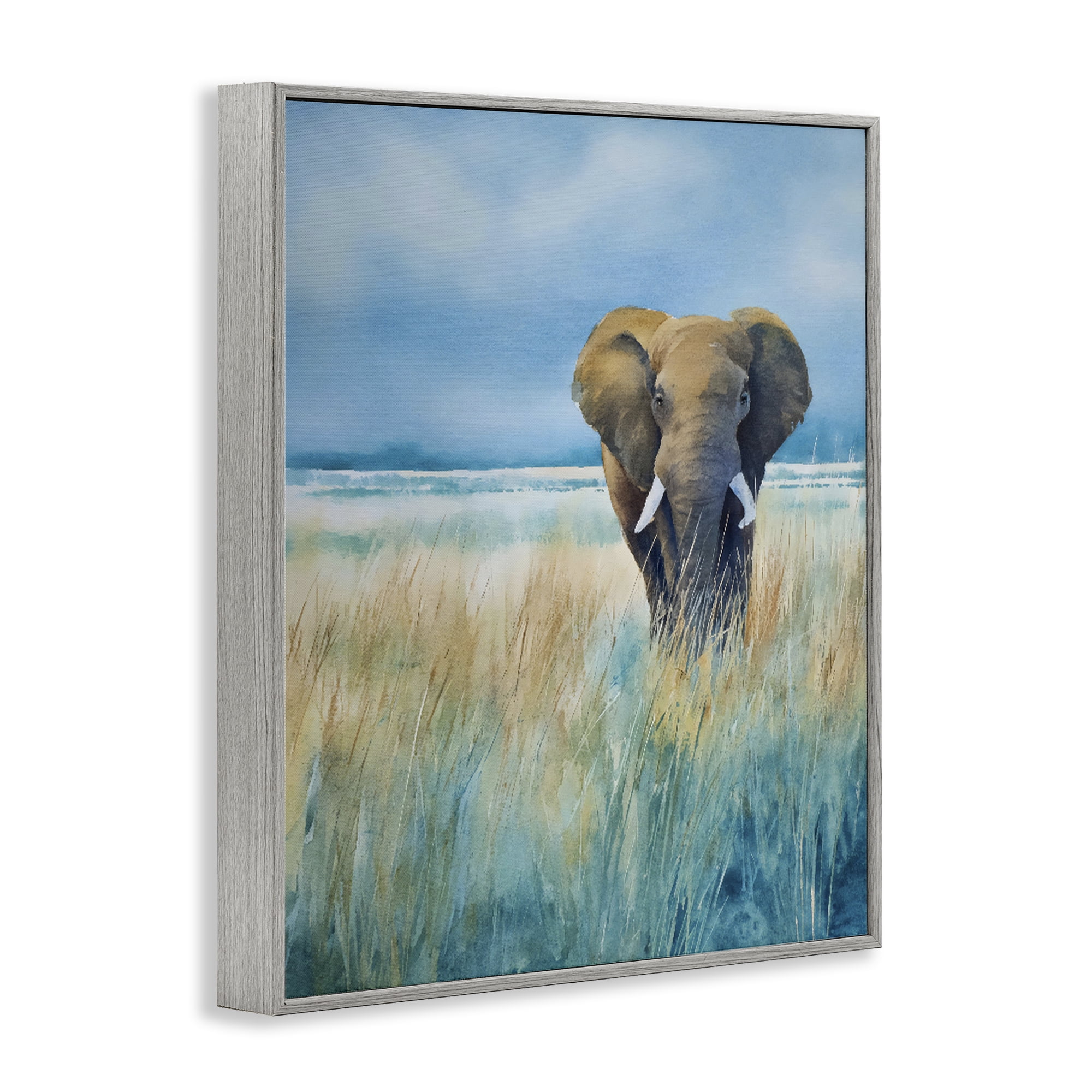 Stupell Industries Blue Grass Elephant Gray Framed Giclee Art, design by Franklyn Gregory