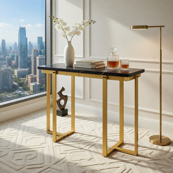 Demi Bonn 42-Inch Modern Entryway Table, Faux Marble Top & Geometric Metal Frame, Black