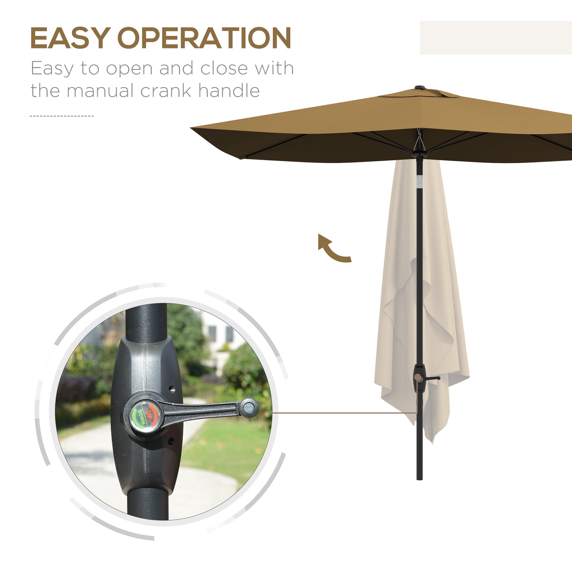 Outsunny 6.5' x 10' Rectangular Market Umbrella, Patio Outdoor Table Umbrella with Crank and Push Button Tilt, Coffee