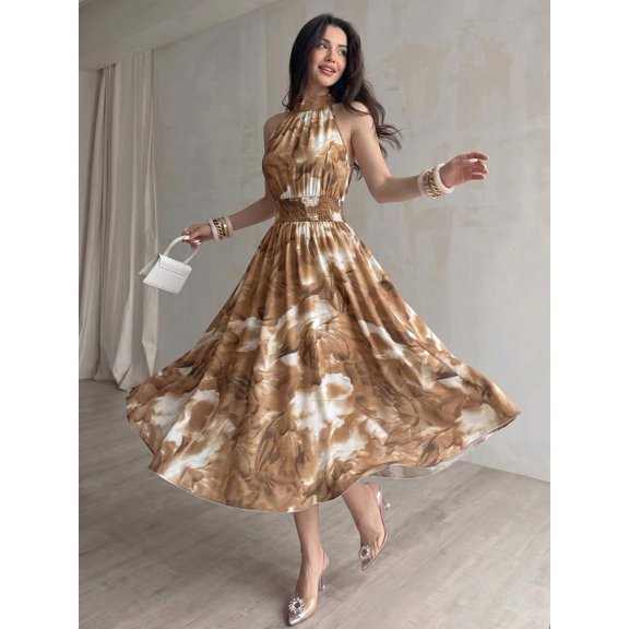 Khaki Watercolor Floral Print Halter Neck Smocked Waist A-Line Maxi Dress For Women