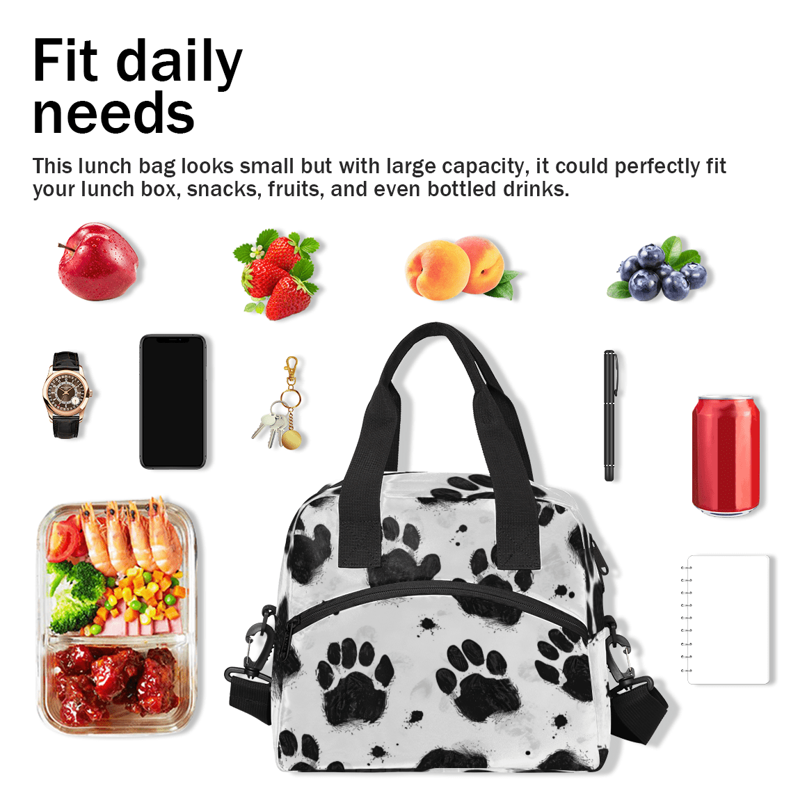 Herdesigns Animal Paw Prints Insulated Lunch Bag for Women Men Adults Large Reusable Lunch Box Dog Paw Leakproof Cooler Tote Bags with Adjustable Shoulder Strap