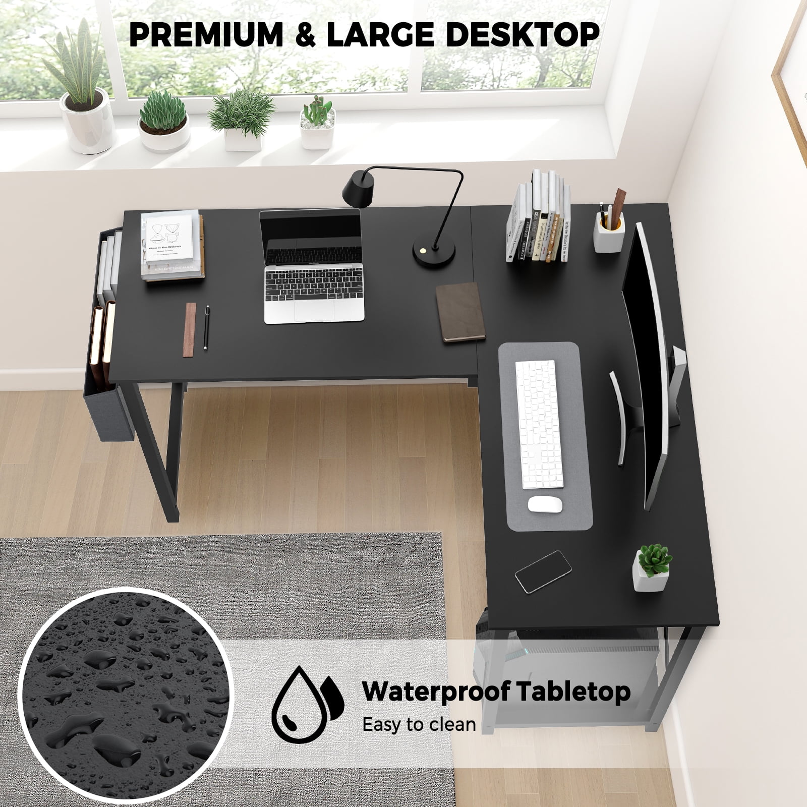 CONCETTA 49in Reversible L Shaped Computer Desk with Storage, Coner Desk with Wooden Desktop, CPU Stand and Side Bag for Home Office & Gaming, Black