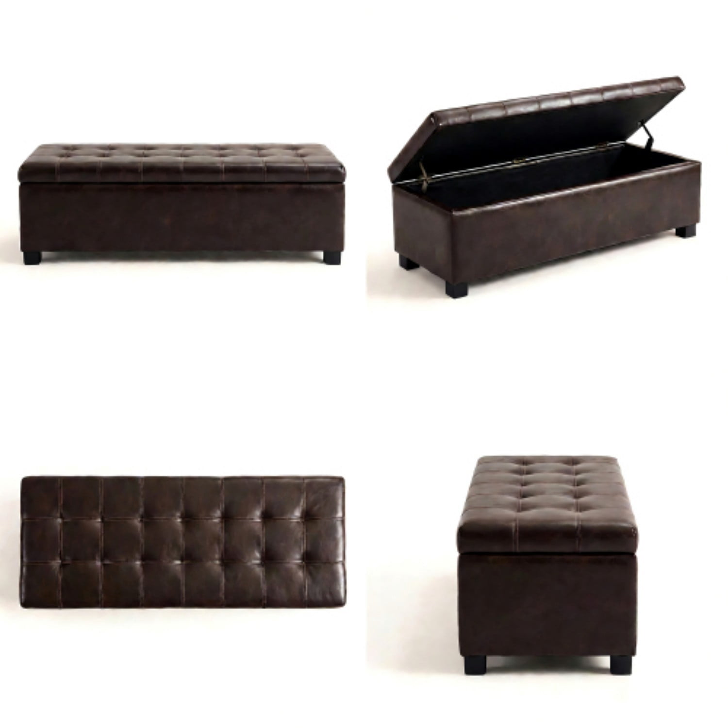 49.75" Storage Ottoman Bench, Tufted Entryway Bench with Safety Hinge, Wooden Legs Faux Leather Storage Seat for Bedroom Living Room, Brown