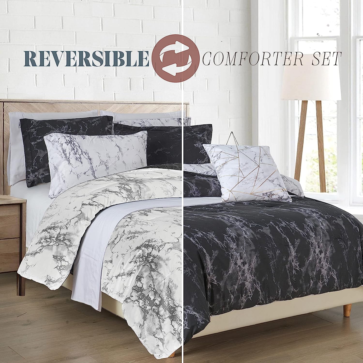 All Season 10-Piece Comforter Set - Reversible Marble Print Bedding with Plush Down Alternative Fill - Perfect for Year-Round Use, Queen Size, Black/White