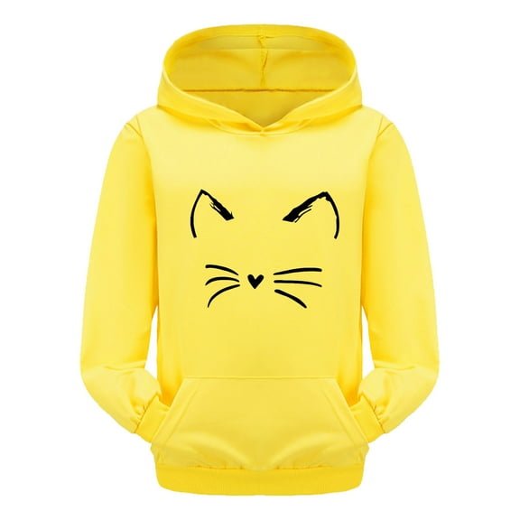 Arlun Toddler Girls Hoodies Cute Cat-Face Printed Kids Pullover Sweatshirts Loose Soft Comfortable Long Sleeve Hooded Tops with Pocket Child Casual Sports Outfits Yellow 10-11Years
