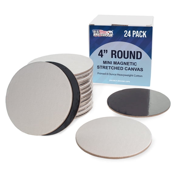 U.S. Art Supply Mini Magnetic Canvas Panels, 24 Pack, 4 Inch Round, Primed 8 Ounce Heavyweight Cotton, Small Canvases for Painting Acrylic and Watercolor, White Square Flat Canvas Boards