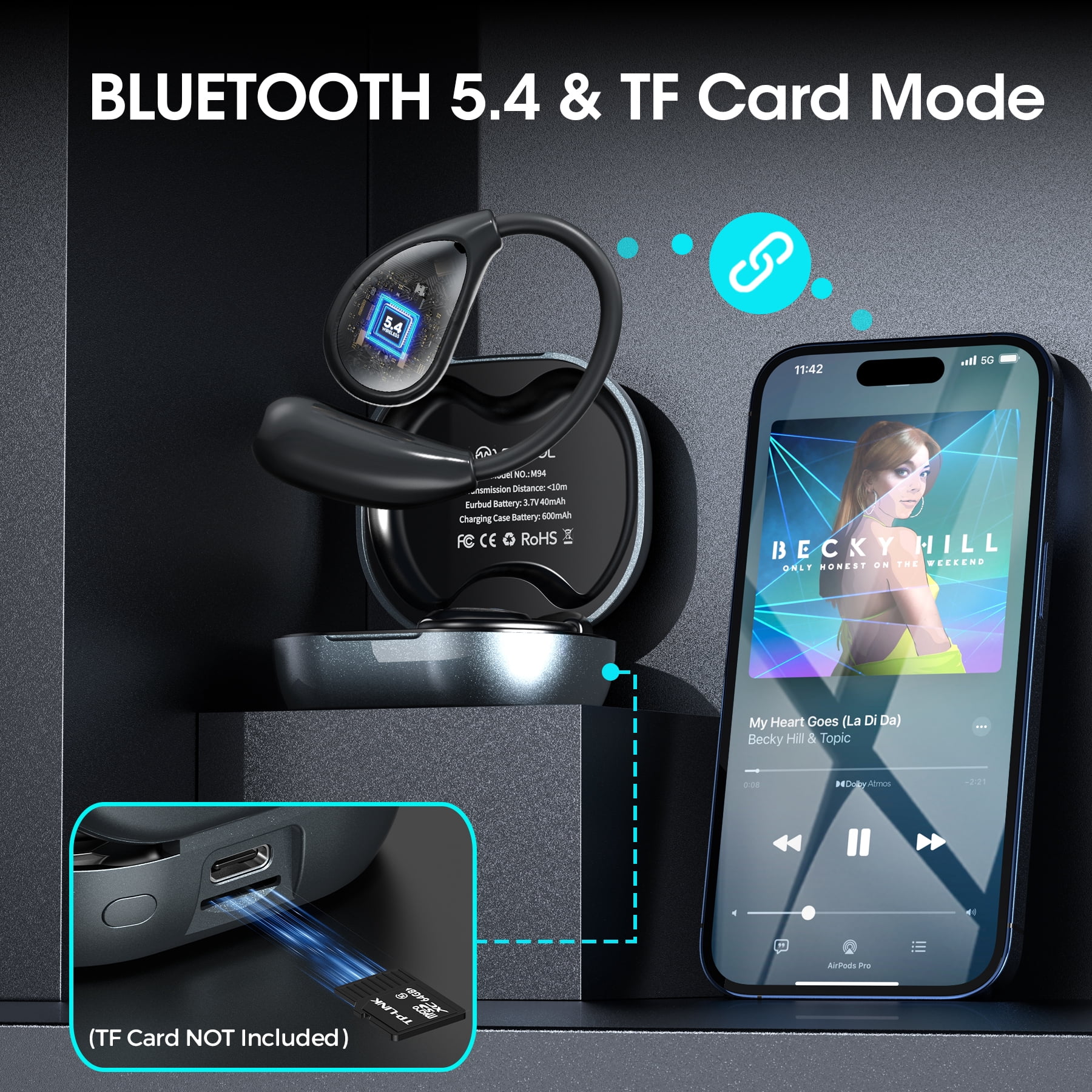 STA M94 Open Ear Headphones Intelligent Touch Screen Over The Ear Wireless Earbuds Support TF Card,60Hrs Bluetooth 5.4 Earbuds with ENC Clear Talk,Multiple EQ Modes IPX7 Waterproof for Exercise