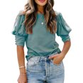 thumbnail image 1 of Camisa de manga de burbuja corta para mujer Cuello redondo Cierre de botón de color puro Puño suelta Camisa de manga de soplo plisada Top para verano Lago Verde XXL, 1 of 5