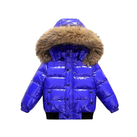Fesfesfes Kids Winter Jacket Hooded Short Parka Windproof Warm Coat with Large Faux Collar Childrens Outerwear for Cold Weather Boys Girls(Blue,8-9 Years)