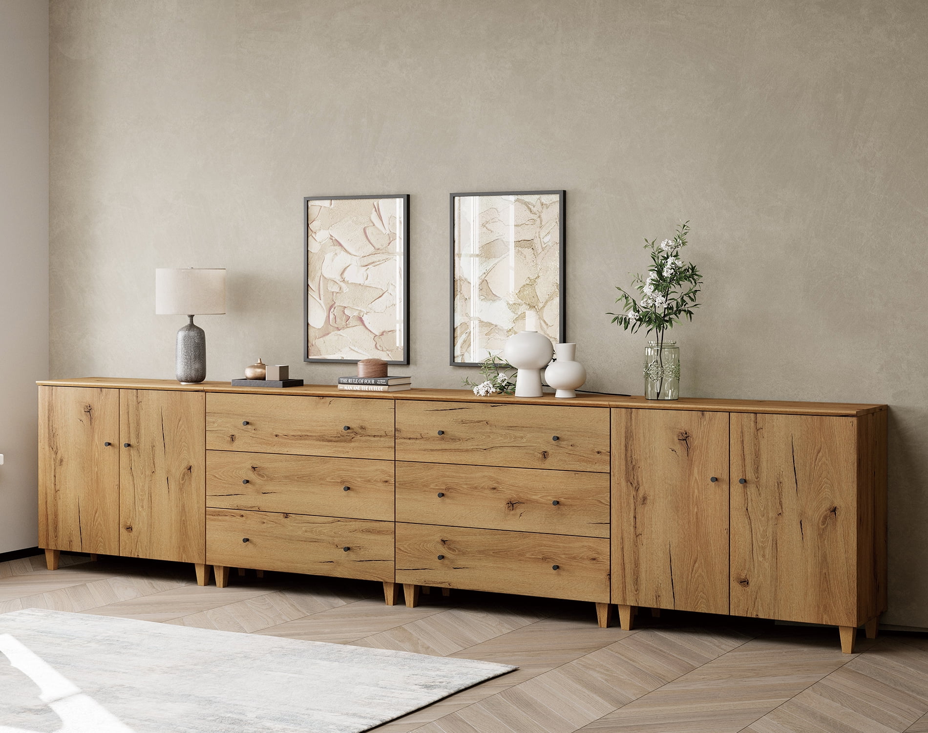 WAMPAT Extra Long Modern TV Stand for 120+ Inches TVs, 3-in-1 Large Wooden Media Console with 6 Spacious Drawers and 2 Storage Cabinets for Living Room, Oak Brown