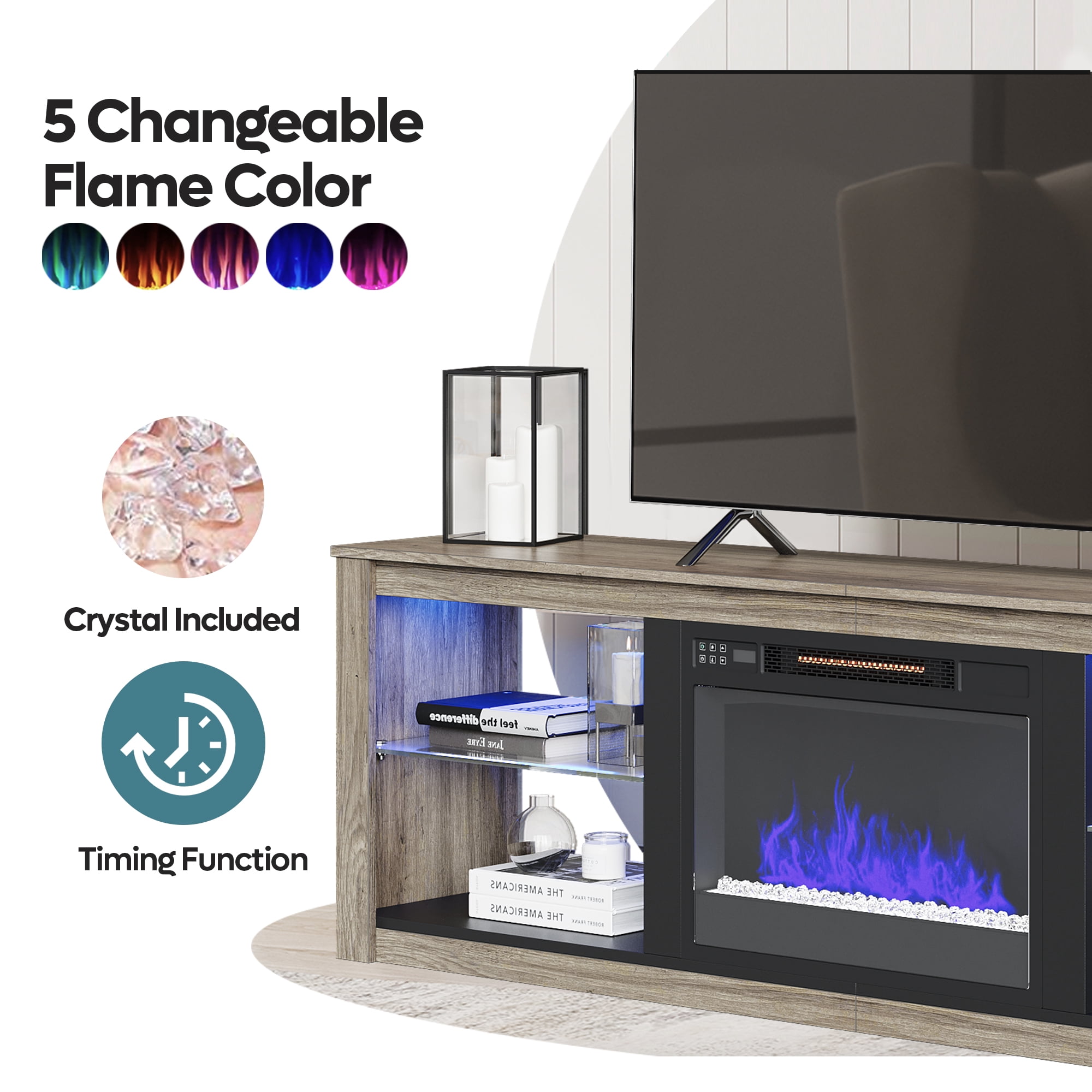 Bestier Electric Fireplace TV Stand Modern Entertainment Center for TVs up to 75" with LED Light and Storage Shelves in Wash Gray