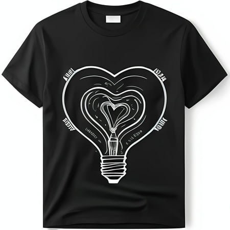 

Minimalist Black T-Shirt with Heart Shaped Light Bulb Graphic & Unique Design
