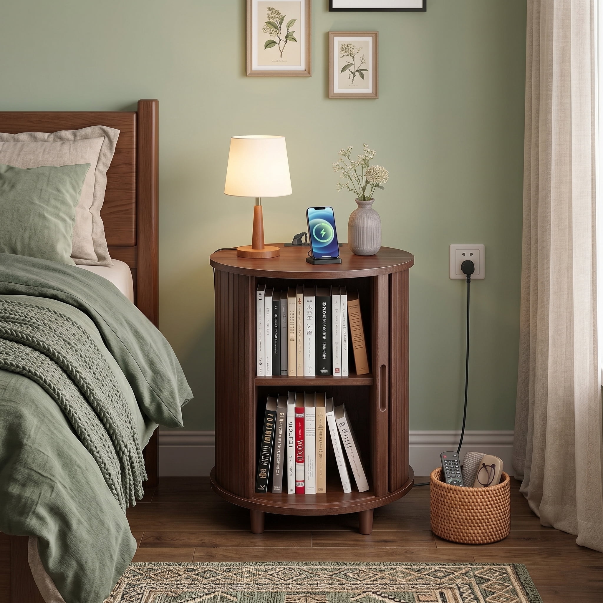 AISWORD Round End Table with Charging Station, Fluted Accent Side Table with Sliding Door and Adjustable Shelf, Nightstand for Small Space, Walnut