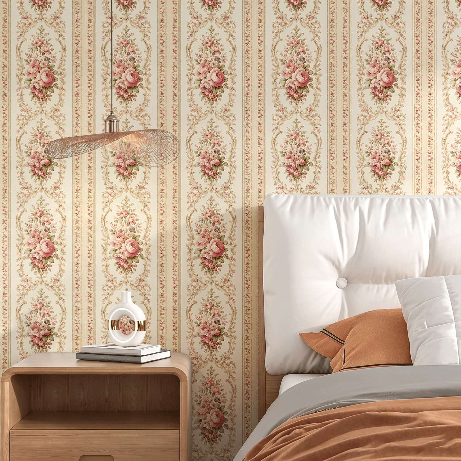 Vintage Floral Rose Wallpaper.Victorian Baroque Luxury Style.Suitable for interior walls or cupboards.Soft Cream Beige Pink Tones peel and stick wallpaper.