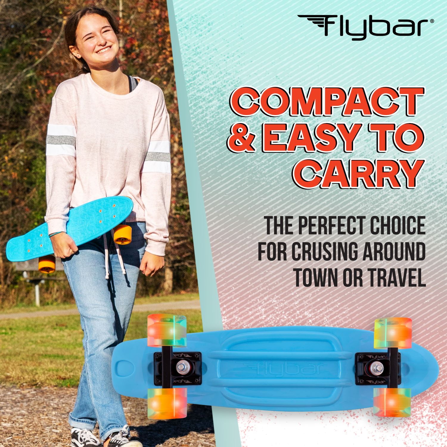 Flybar 22 inch Plastic Cruiser Skateboard, Non-Slip Deck, for Boys
