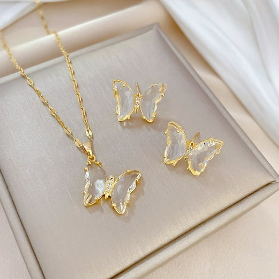 Fashion Romantic White Transparent Butterfly Necklace Earrings Set Light Luxury Slightly Inlaid Temperament Banquet Combination