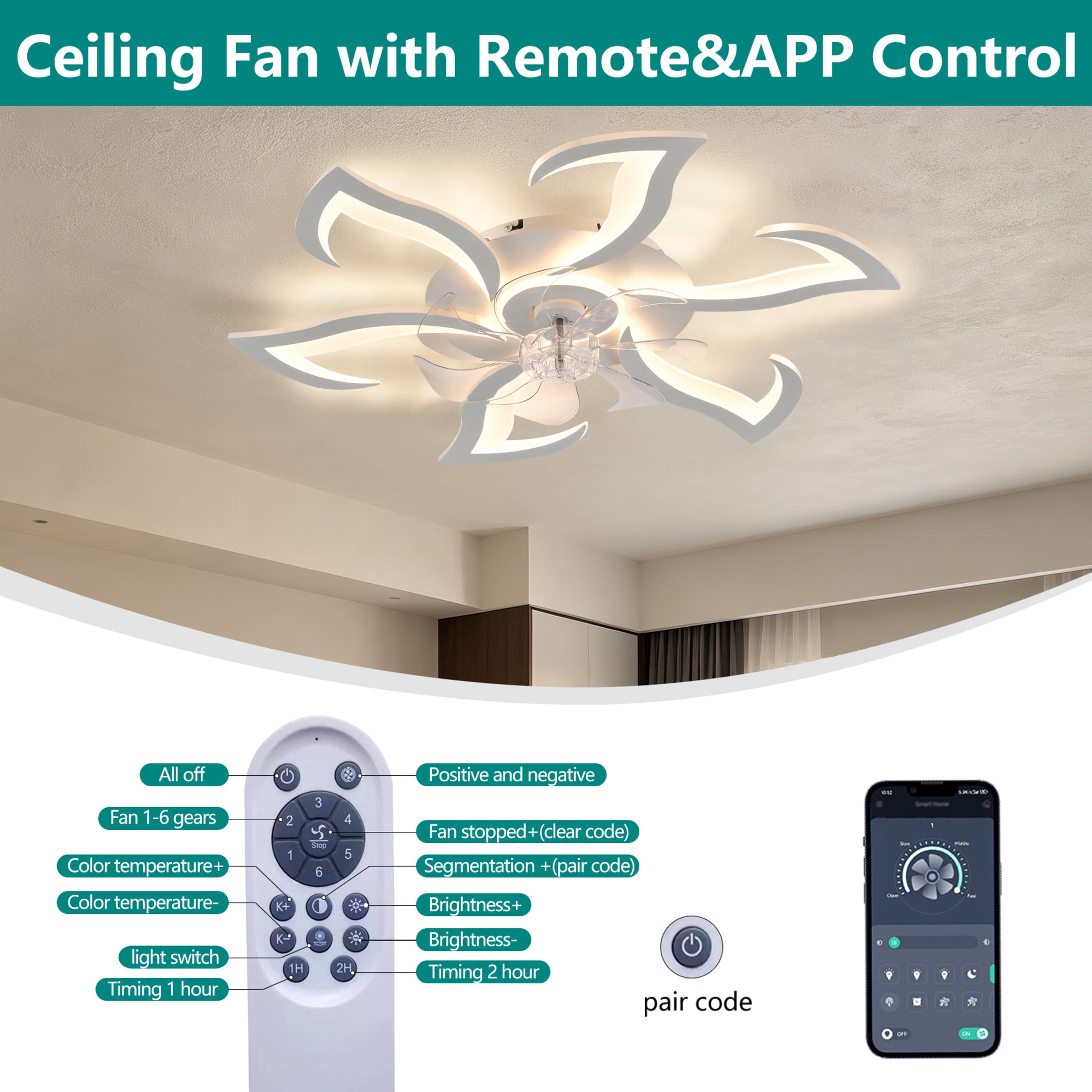 GDF Studio 6-Head Flower Modern Ceiling Fan with LED Lights & Remote Control, Low Profile Flush Mount Fandelier, White
