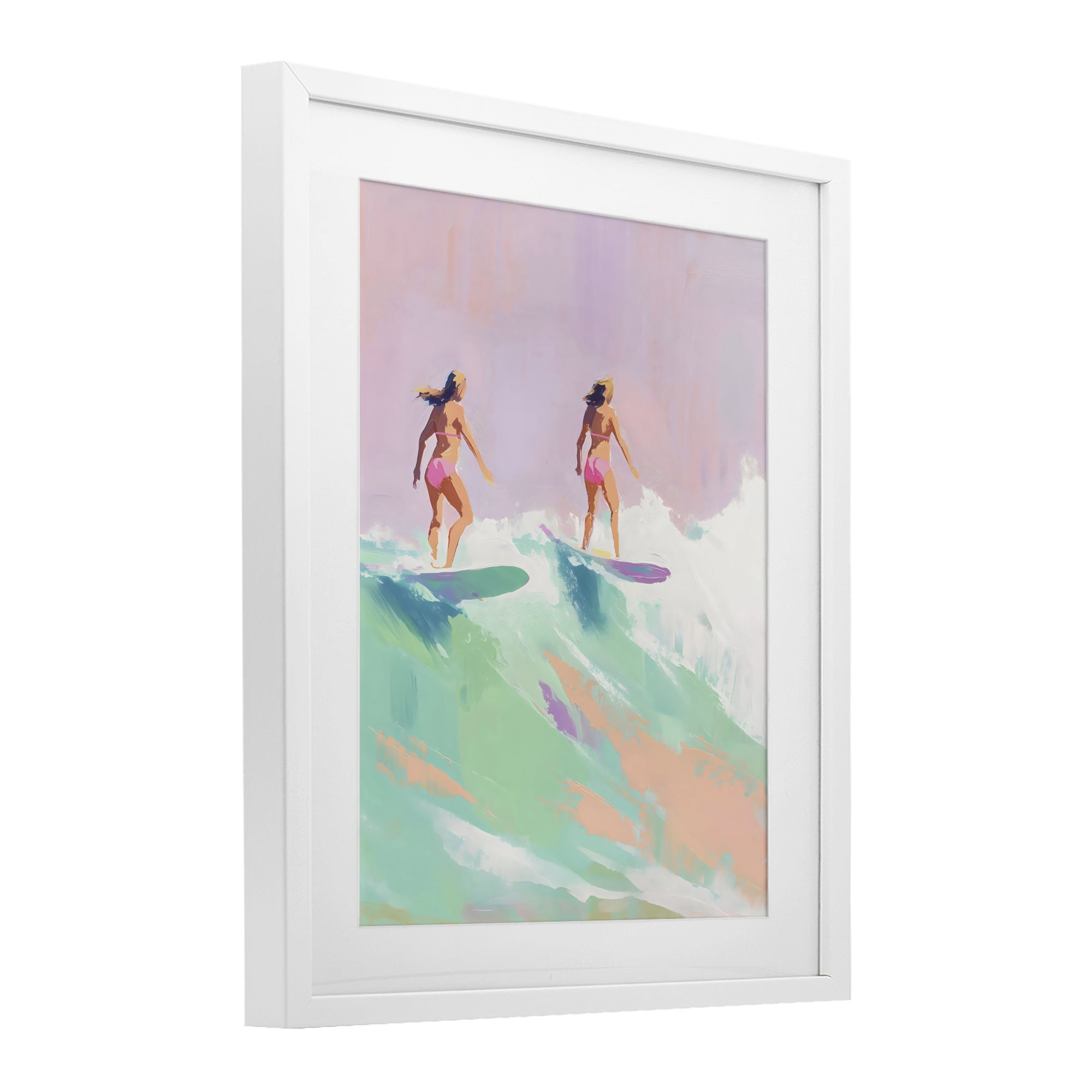 Stupell Industries Two Surfing Girls on Wave White Framed Print Under Glass, design by The Prints Vibe