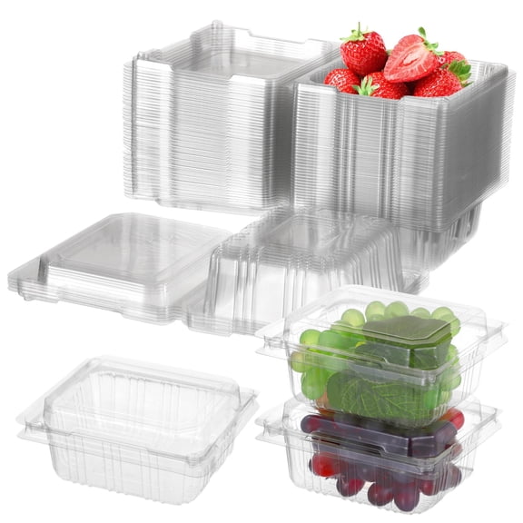 50 Pcs Plastic Berry Baskets, Disposable Produce Containers, Clear Clamshells with Hinged Lids, Transparent Fruit Storage Trays for Snacks, Cakes, Cookies, Vegetables