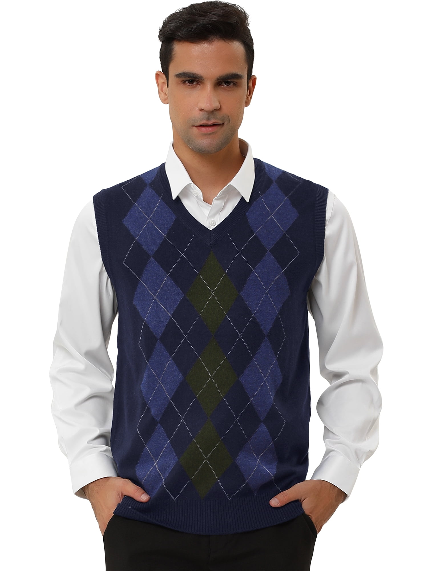 Unique Bargains Men's Argyle V Neck Slim Fit Sleeveless Knit Pullover Sweater Vests M Navy